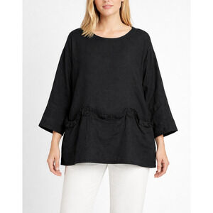 Bonnie Harris Designs 100% Linen Top‎ Womens Black Lagenlook Oversized 3-Pocket